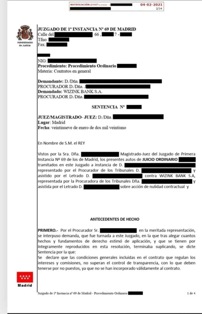 Sentencia Wizink Juzgado 69 Madrid fallo nulidad por usura